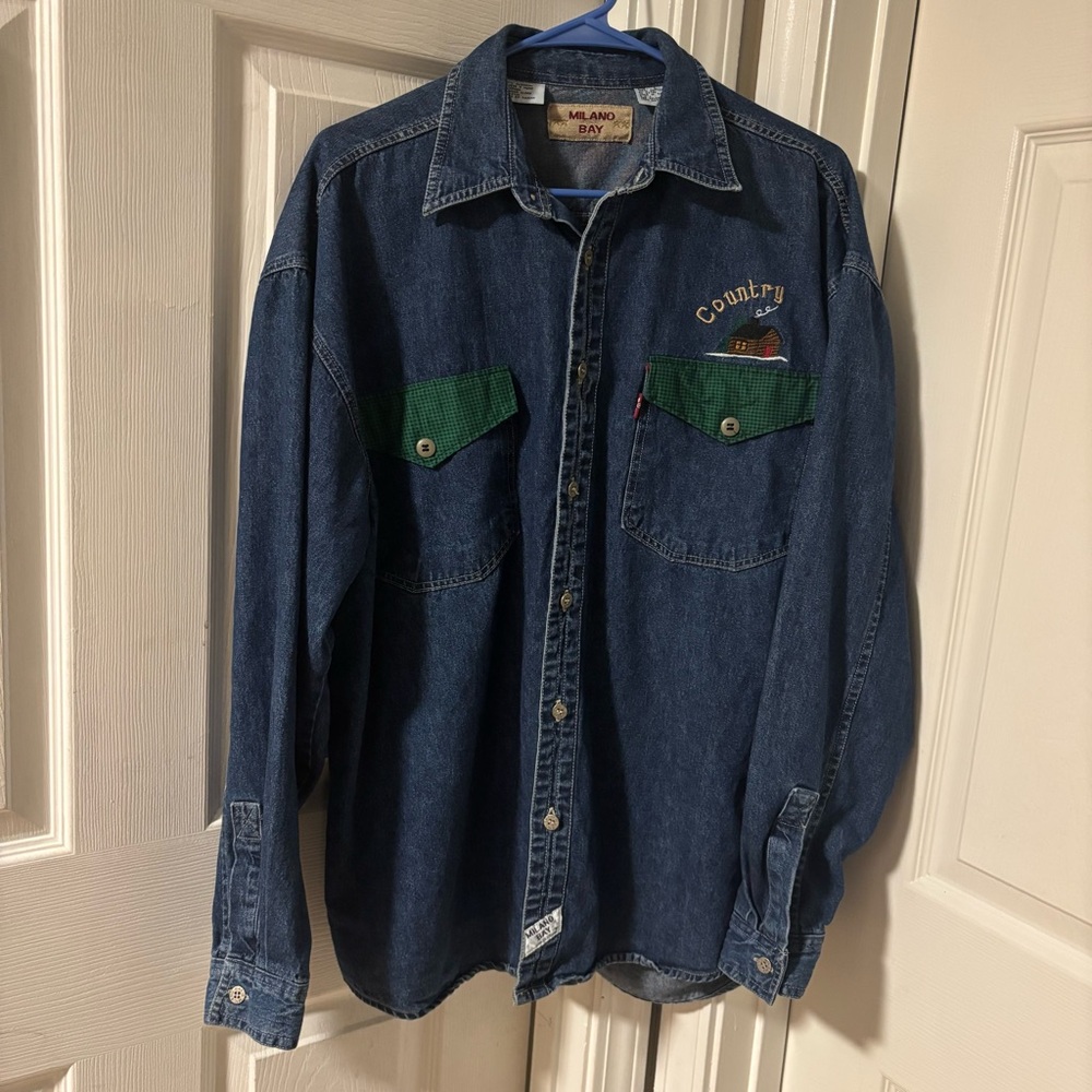 Vintage Milano Bay Blue Denim Country  Casual Long Sleeve Embroidered Size Large